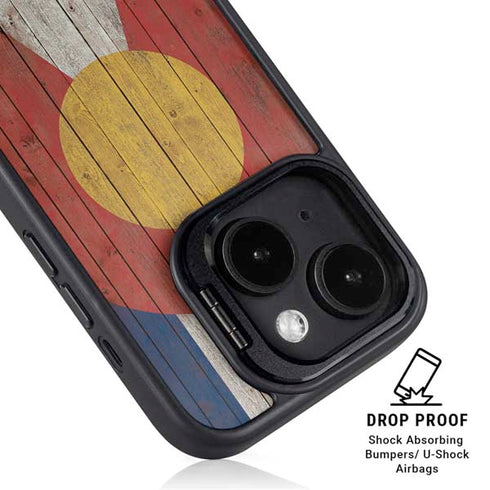 Colorado Flag Dark Wood iPhone 15 Kickstand Case